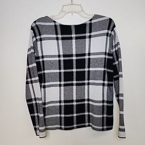 J Jill Sweater Women's Small Gray White‎ Gingham Cotton Blend Swoop Neck Fashion